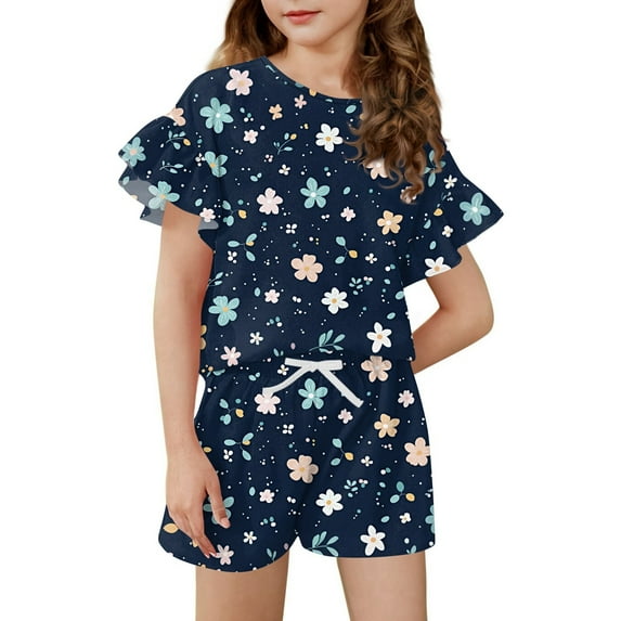 Abcomgle Girls Two Piece Sets for Tween Girls Rainbow Graphic Ruffle Sleeve Tshirts and Elastic Waist Shorts Cute Trendy Girls Shorts Set 6-7 Years,Dark Blue