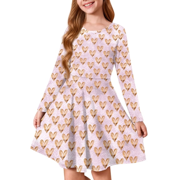 Abcomgle Girls Valentines Dresses Size 10-12 Cute Love Heart Midi Dress for Girls Cute A-Line Long Sleeve Dresses for Girls Crewneck Casual Swing Dresses,