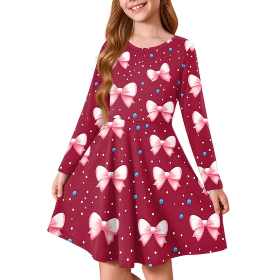 Abcomgle Girls Valentines Dresses Size 10-12 Funny Bownot Midi Dress for Girls Cute A-Line Long Sleeve Dress Outfits Crewneck Spring Twirly Dresses for Girls,