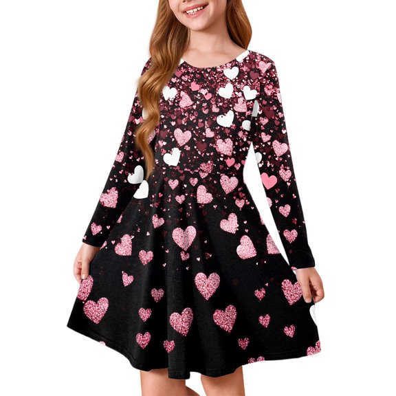 Abcomgle Girls Valentines Dresses Size 10-12 Funny Love Heart Midi Dress for Girls Cute A-Line Long Sleeve Dress Outfits Crewneck Casual Twirly Dresses for Girls,