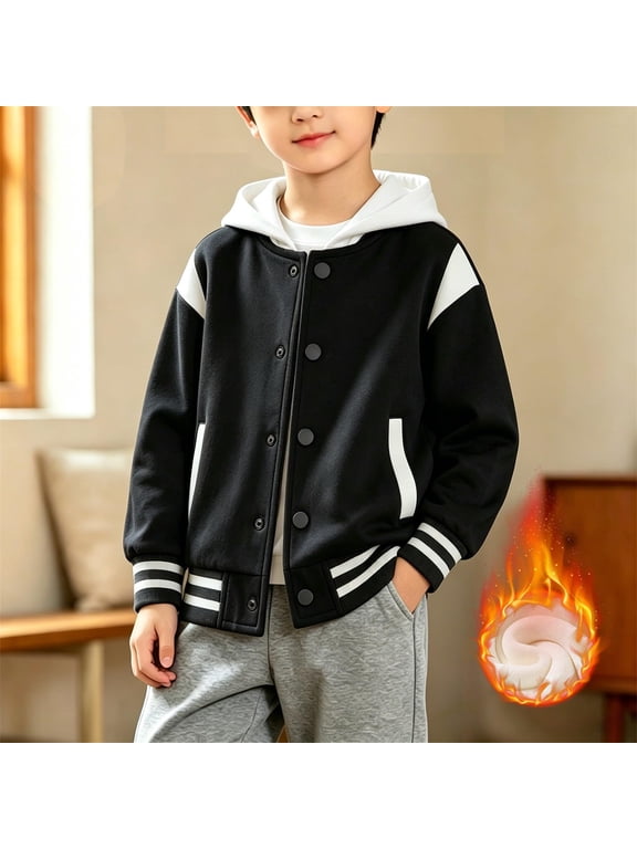 Girls Varsity Jacket Kids Hooded Letterman Baseball Jacket Fleece Colorblock Bomber Jackets for Girls Casual Cardigan Youth Baseball Jacket with Pocket