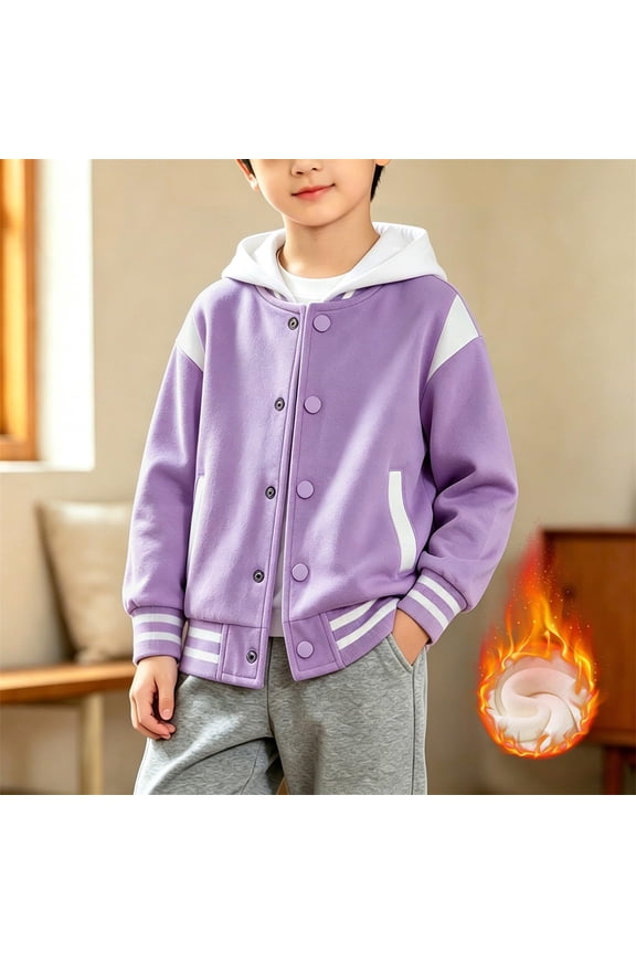 Girls Varsity Jacket Kids Hooded Letterman Baseball Jacket Fleece Colorblock Bomber Jackets for Girls Casual Unisex School Uniform with Pocket