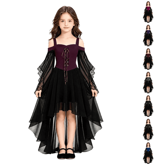 Abcomgle Girls Witch Dress 10-12 Gothic Renaissance Butterfly Sleeve Vampire Dress for Girls Mesh Off Shoulder Fall Girls Halloween Dress