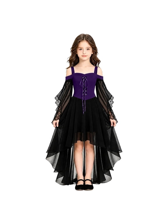 Girls Witch Dress 7-8 Gothic Renaissance Butterfly Sleeve Vampire Dress for Girls Mesh Off Shoulder Winter Girls Halloween Dress