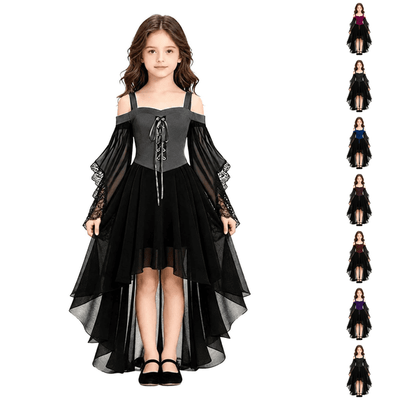 Abcomgle Girls Witch Dress Size 6/7 Gothic Renaissance Butterfly Sleeve Vampire Dress for Girls Mesh Off Shoulder Halloween Dress Girls
