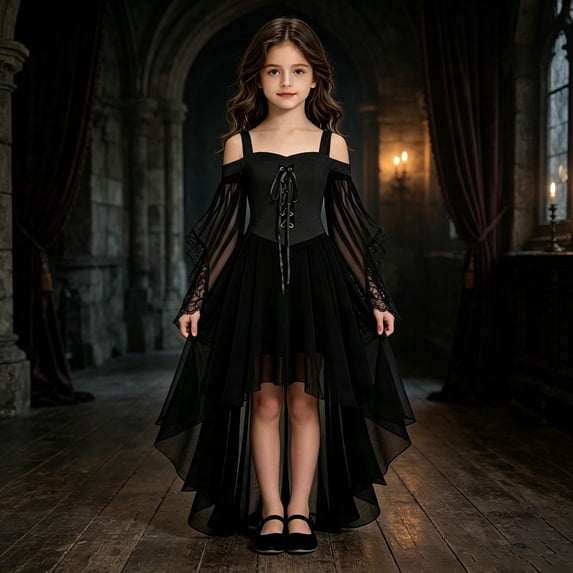Abcomgle Girls Witch Dress Size 6/7 Gothic Renaissance Butterfly Sleeve Vampire Dress for Girls Mesh Off Shoulder Halloween Dress Girls