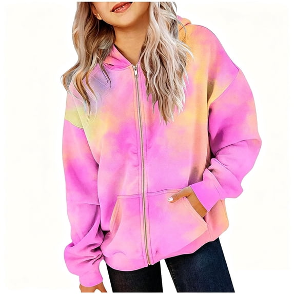 Abcomgle Girls Zip Up Hoodie 7-16 Oversized Full-Zip Jackets for Teen Girls Cute Gradient Sweatshirt for Teen Girls Casual Winter Hooded Hoodies for Teen Girls with Pockets