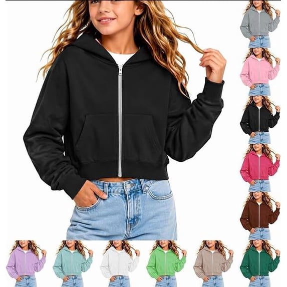 Abcomgle Girls Zip Up Sweatshirt Size 7/8 Cropped Long Sleeve Jacket for Kids Cute Fashion Lightweight Girls Hoodies with Pockets