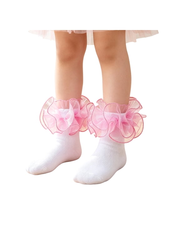 Grils Ruffle Socks Toddler Double Frilly Fluffy Princess Dress Cotton Sock Tutu Socks for Girls/Baby/Toddler Pink