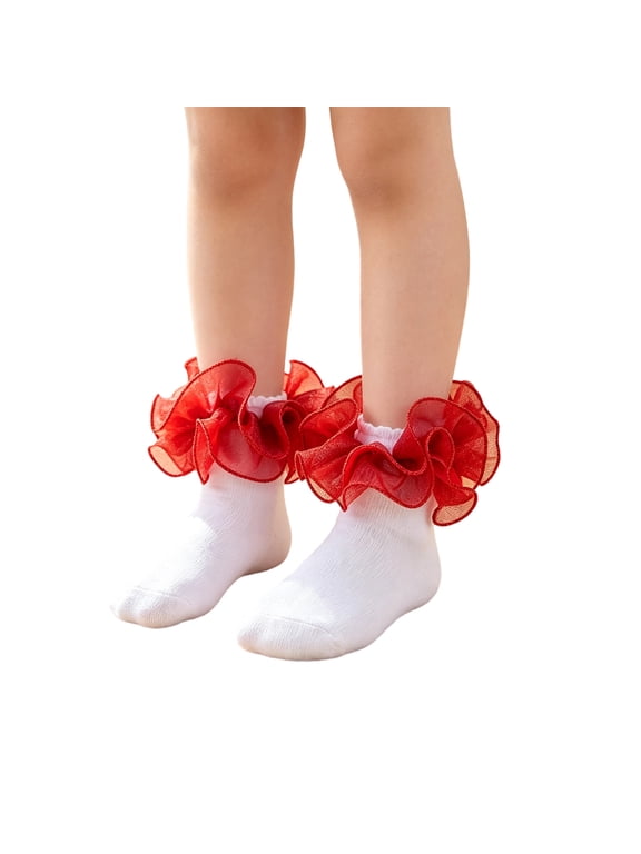 Grils Ruffle Socks Toddler Double Frilly Fluffy Princess Dress Cotton Sock Tutu Socks for Girls/Baby/Toddler Red