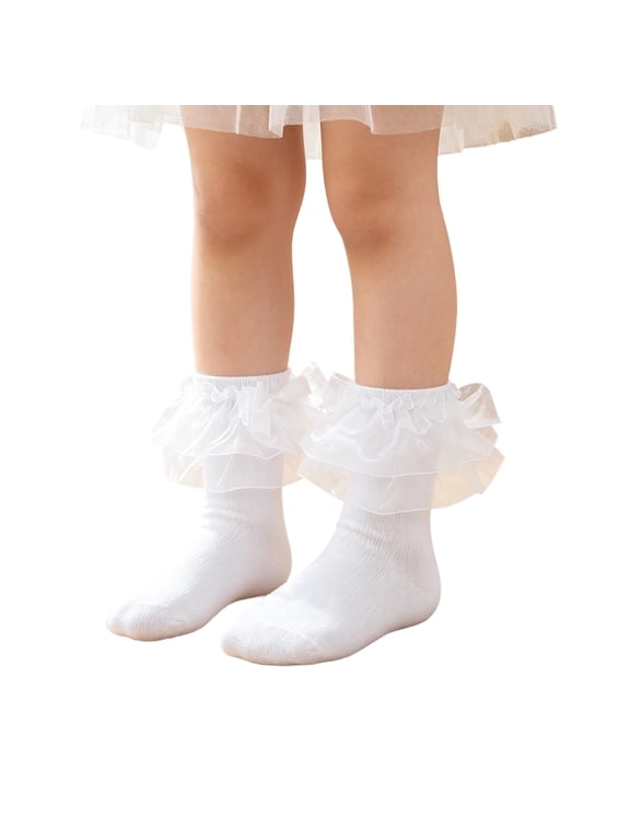 Grils Ruffle Socks Toddler Double Frilly Fluffy Princess Dress Cotton Sock Tutu Socks for Girls/Baby/Toddler White