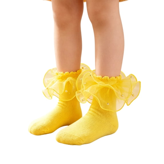 Abcomgle Grils Ruffle Socks Toddler Double Frilly Fluffy Princess Dress Cotton Sock Tutu Socks for Girls/Baby/Toddler Yellow