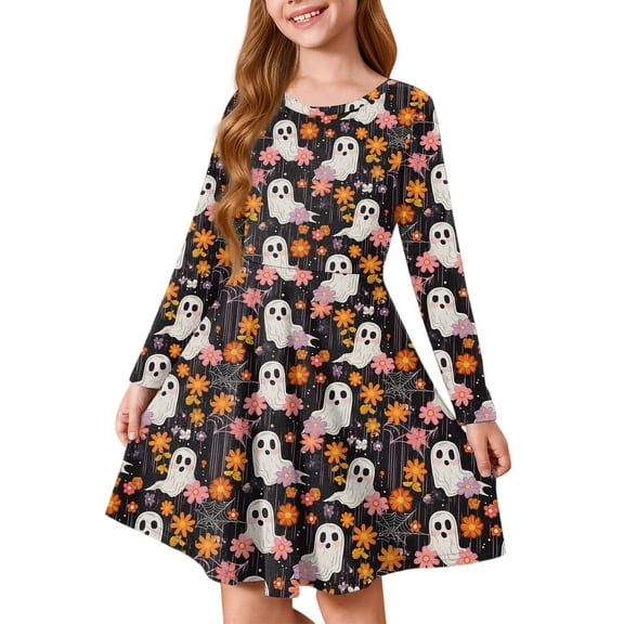 Abcomgle Halloween Dress for Kids Girls Cute A-Line Long Sleeve T Shirt Dresses for Girls Funny Ghost Floral Print Dress Outfits Crewneck Holiday Twirly Dress Clothes for Girls,11-12 Years