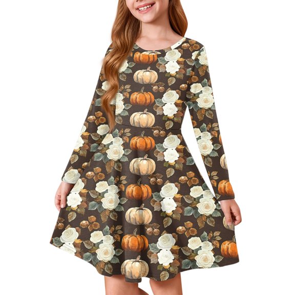 Abcomgle Halloween Dresses for Girls 7-8 Cute A-Line Long Sleeve Midi Dress for Girls Funny Vintage Pumpkin Floral Dress Outfits Crewneck Fall Swing Dresses for Girls,7-8 Years
