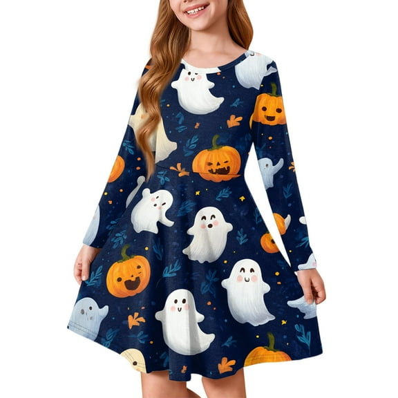 Abcomgle Halloween Dresses for Girls 7-8 Cute A-Line Long Sleeve T Shirt Dresses for Girls Funny Ghost Pumpkin Graphic Dresses for Girls Crewneck Fall Swing,11-12 Years