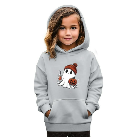 Abcomgle Halloween Hoodies for Girls Size 10-12 Cute Ghost Drinking Coffee Sweatshirts with Hooded Cute Long Sleeve Girls Pullover Top with Pocket Fall Holiday Sweaters for Girls 10-12,11-12 Years