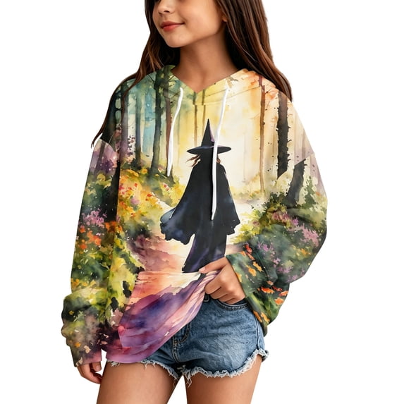 Abcomgle Halloween Hoodies for Girls Size 10-12 Spooky Witches Gathering Print Sweatshirts with Hooded Preppy Long Sleeve Girls Pullover Top with Pocket Winter Kids Sweaters Girls