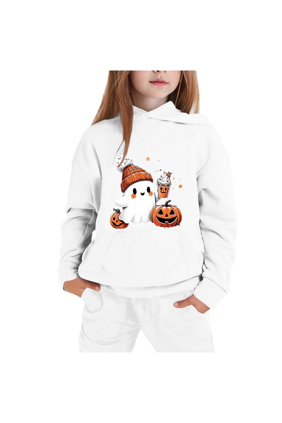 Halloween Hoodies for Kids Funny Ghost Drinking Coffee Graphic Sweatshirts with Hooded Trendy Long Sleeve Pullover Sweatshirts with Pocket Fall Holiday Shirt for Teen Girls