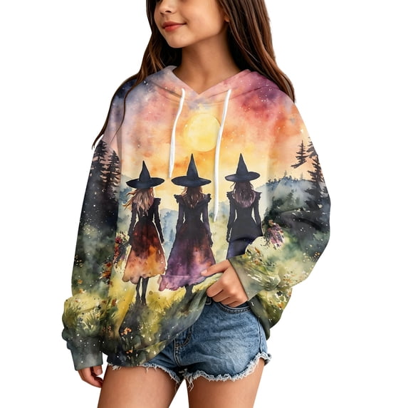 Abcomgle Halloween Hoodies for Teen Girls Horror Witches Gathering Print Sweatshirts with Hooded Fashion Long Sleeve Girls Pullover Sweatshirt with Pocket Fall Holiday Shirt for Teen Girls