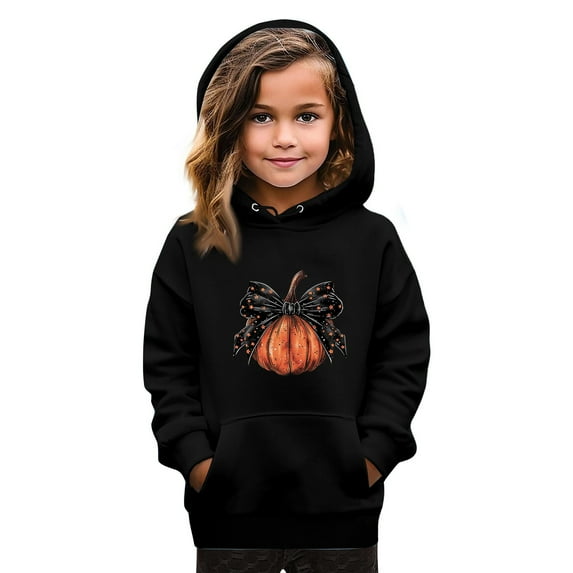Abcomgle Halloween Hoodies for Teen Girls Pumpkin Bownot Graphic Sweatshirts with Hooded Casual Long Sleeve Girls Pullover Sweatshirt with Pocket Fall Holiday Sweaters for Teens,7-8 Years