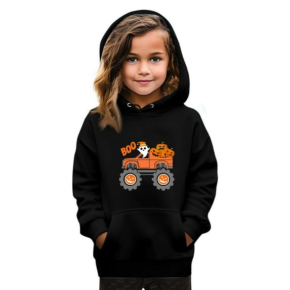 Abcomgle Halloween Hoodies for Teen Girls Truck Ghost Pumpkin Printed Sweatshirts with Hooded Casual Long Sleeve Girls Pullover Sweatshirt with Pocket Fall Holiday Kids Sweaters Girls,9-10 Years