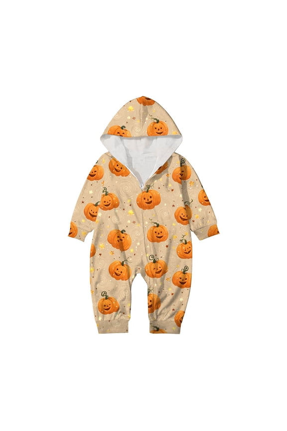 Halloween Pajamas for Family 2025 Matching Sets Spooky Pumpkin Print Romper Hooded Jumpsuit Halloween Pjs Sleepwear Sets Long Sleeve Onesie Lounge Sets