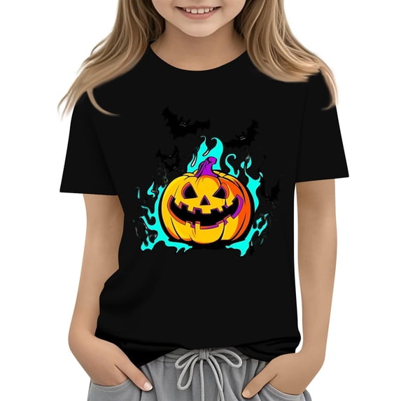 Abcomgle Halloween Shirts for Girls 5t Spooky Colorful Flame Pumpkin Bat Tshirts for Kids Crewneck Short Sleeve T-Shirts for Girls Fall Funny Holiday Tee Top Girls