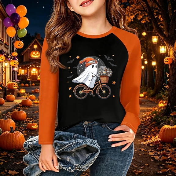 Abcomgle Halloween Shirts for Girls 5t Spooky Ghosts Riding Bike T Shirts for Girls Crewneck Raglan Long Sleeve Tshirts for Kids Fall Funny Cute Tee Top Girls