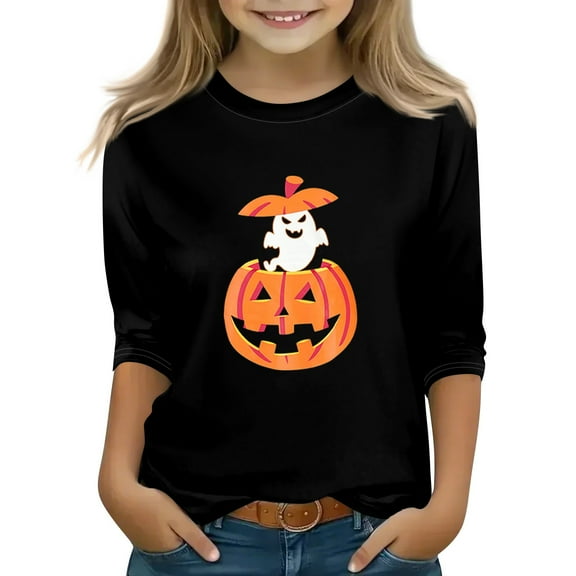 Abcomgle Halloween Shirts for Girls 5t Spooky Jack O Lantern Tshirts for Kids Crewneck 3/4 Raglan Sleeve Tshirts for Girls Fall Funny Scary Tee Top Girls,4-5 Years
