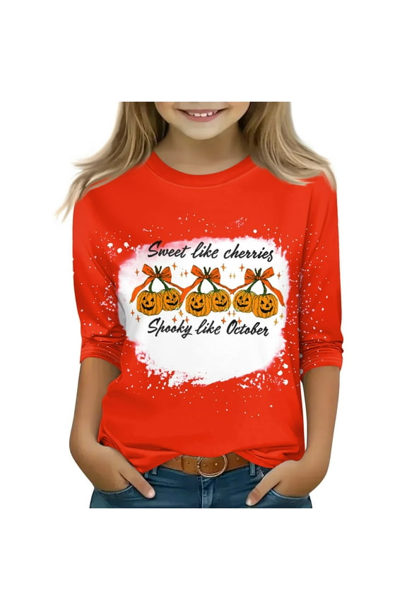 Halloween Shirts for Girls 5t Spooky Pumpkin Face T-Shirts for Girls Crewneck 3/4 Sleeve Tshirts for Girls Fall Funny Holiday Top for Girls,9-10 Years