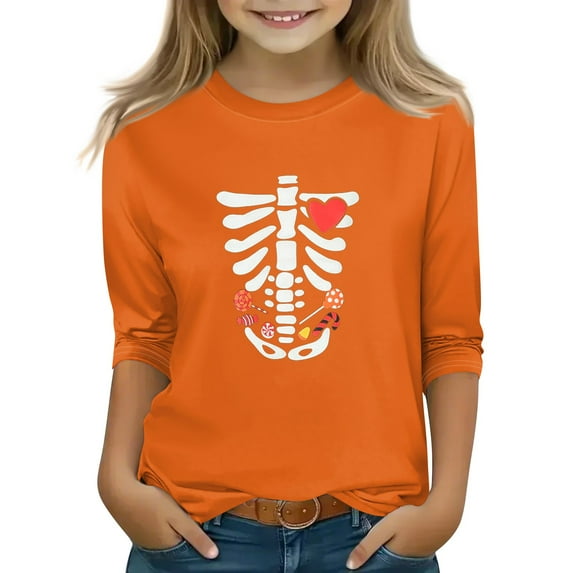 Abcomgle Halloween Shirts for Girls 5t Spooky Spooky Skeleton Graphic Tee Shirts for Girls Crewneck 3/4 Raglan Sleeve Tshirts for Kids Fall Funny Scary Top for Girls,6-7 Years