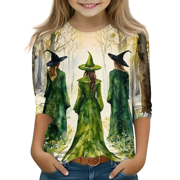 Abcomgle Halloween Shirts for Girls 5t Spooky Witches Gathering Graphic Tee Shirts for Girls Crewneck 3/4 Sleeve Tshirts for Kids Fall Funny Cute Blouses for Girls