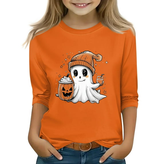 Abcomgle Halloween Shirts for Girls Size 10-12 Cute Ghost Drinking Coffee Shirts for Kids Crewneck Short Sleeve Tshirts for Girls Fall Funny Holiday Top for Girls,6-7 Years