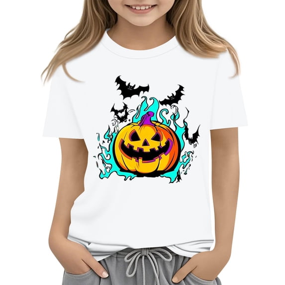 Abcomgle Halloween Shirts for Girls Size 10-12 Spooky Colorful Flame Pumpkin Bat Tshirts for Girls Crewneck Short Sleeve Tee Shirts for Girls Fall Funny Holiday Tee Top Girls