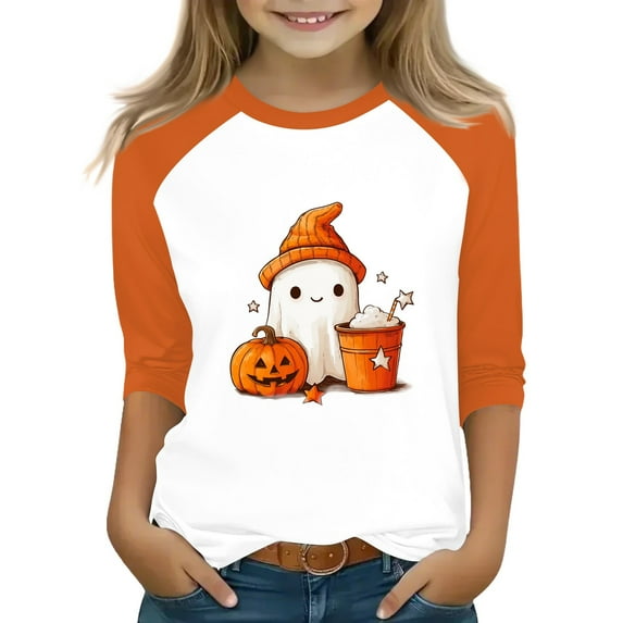 Abcomgle Halloween Shirts for Girls Size 10-12 Spooky Ghost Drinking Coffee Tee Shirts for Girls Crewneck 3/4 Raglan Sleeve T-Shirts for Kid Girls Fall Funny Holiday Blouses for Girls,3-4 Years