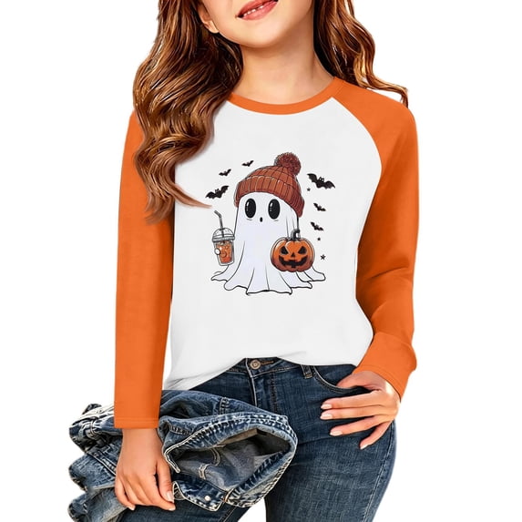 Abcomgle Halloween Shirts for Girls Size 10-12 Spooky Ghost Drinking Coffee Tshirts for Girls Crewneck Raglan Long Sleeve T-Shirts for Kid Girls Fall Funny Scary Blouses for Girls