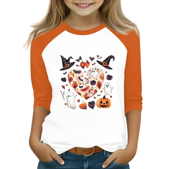 Abcomgle Halloween Shirts for Girls Size 10-12 Spooky Love Heart Graphic Shirts for Kids Girls Crewneck 3/4 Raglan Sleeve Tee Shirts for Girls Fall Funny Holiday Blouses for Girls,6-7 Years