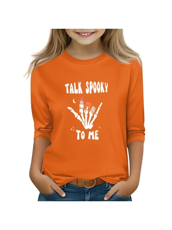 Halloween Shirts for Girls Size 10-12 Spooky Spooky Skeleton Graphic T Shirts for Girls Crewneck 3/4 Raglan Sleeve T-Shirts for Girls Fall Funny Scary Tee Top Girls,3-4 Years