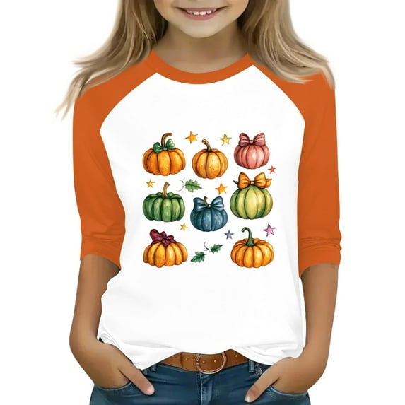 Abcomgle Halloween Shirts for Girls Size 14-16 Spooky Bow Pumpkin Graphic Shirts for Kids Girls Crewneck 3/4 Raglan Sleeve T-Shirts for Kid Girls Fall Funny Holiday Blouses for Girls,2-3 Years