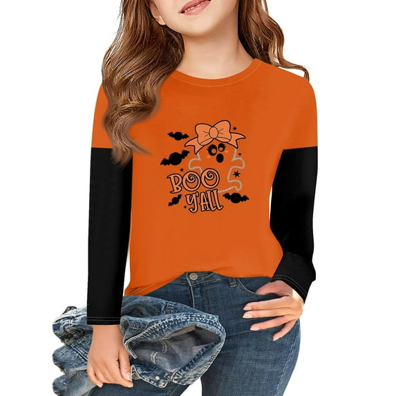 Abcomgle Halloween Shirts for Girls Size 14-16 Spooky Ghost Boo Graphic T-Shirts for Kid Girls Crewneck Long Sleeve T-Shirts for Girls Fall Funny Holiday Blouses for Girls,3-4 Years