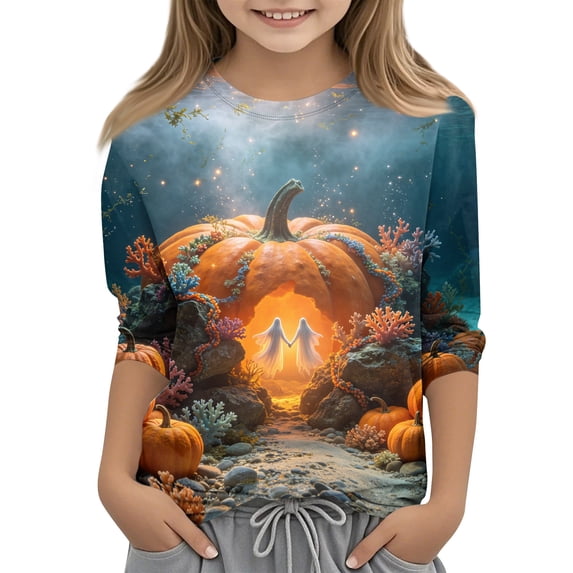 Abcomgle Halloween Shirts for Girls Size 14-16 Spooky Ghost Pumpkin Graphic Shirts for Kids Girls Crewneck 3/4 Sleeve Shirts for Kids Fall Funny Cute Top for Girls