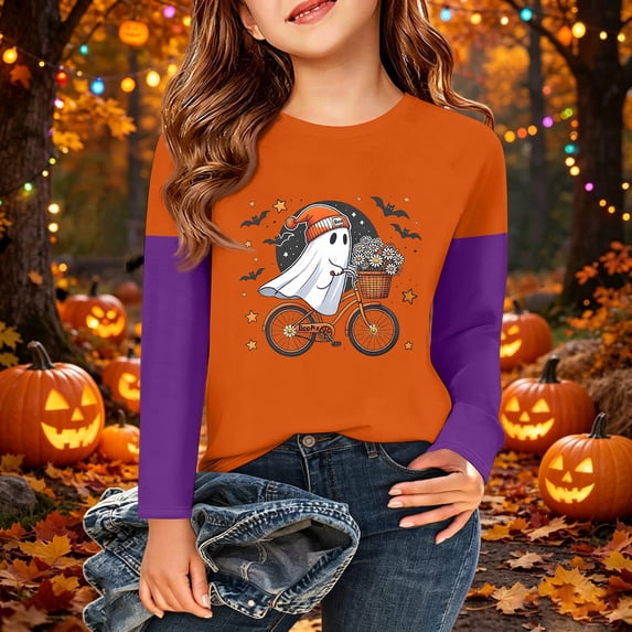 Abcomgle Halloween Shirts for Girls Size 14-16 Spooky Ghosts Riding Bike T-Shirts for Kid Girls Crewneck Long Sleeve T-Shirts for Girls Fall Funny Cute Top for Girls