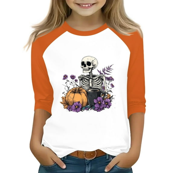 Abcomgle Halloween Shirts for Girls Size 14-16 Spooky Spooky Skeleton Graphic T-Shirts for Kid Girls Crewneck 3/4 Raglan Sleeve Shirts for Kids Fall Funny Holiday Tee Top Girls,6-7 Years