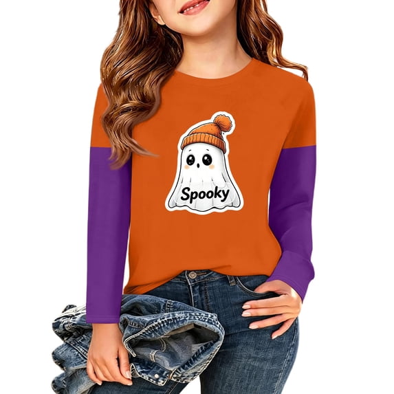 Abcomgle Halloween Shirts for Girls Size 6-8 Cute Ghost with Hat Graphic Shirts for Kids Girls Crewneck Raglan Long Sleeve T-Shirts for Girls Fall Funny Holiday Blouses for Girls