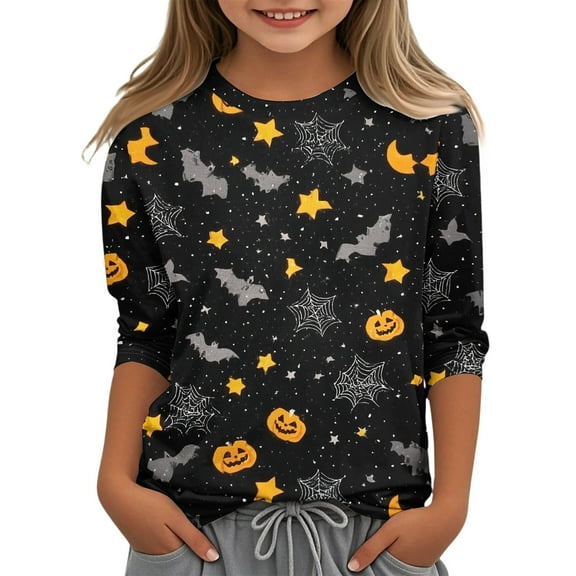 Abcomgle Halloween Shirts for Girls Size 6-8 Spooky Bat Spider Graphic T Shirts for Girls Crewneck 3/4 Sleeve T-Shirts for Girls Fall Funny Scary Top for Girls,3-4 Years