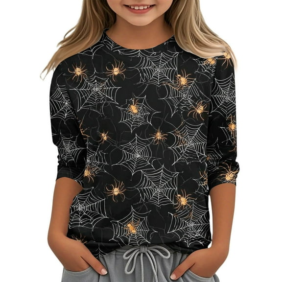 Abcomgle Halloween Shirts for Girls Size 6-8 Spooky Bat Spider Graphic Tshirts for Girls Crewneck 3/4 Sleeve Tshirts for Kids Fall Funny Holiday Tee Top Girls,5-6 Years