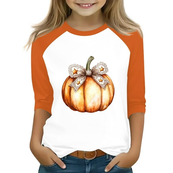 Abcomgle Halloween Shirts for Girls Size 6-8 Spooky Bow Pumpkin Graphic T Shirts for Girls Crewneck 3/4 Raglan Sleeve Tee Shirts for Girls Fall Funny Holiday Blouses for Girls,10-11 Years