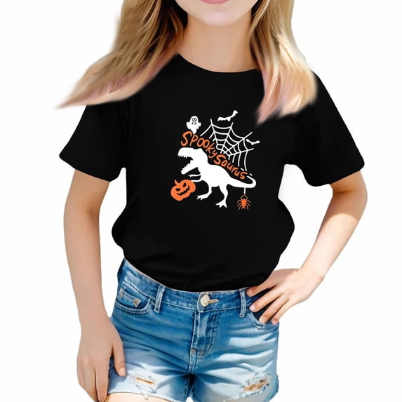 Abcomgle Halloween Shirts for Girls Size 6-8 Spooky Dinosaur Graphic Tshirts for Kids Crewneck Short Sleeve Tshirts for Girls Fall Funny Cute Blouses for Girls,5-6 Years