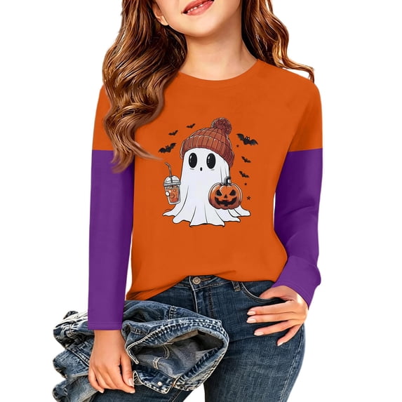 Abcomgle Halloween Shirts for Girls Size 6-8 Spooky Ghost Drinking Coffee Shirts for Kids Crewneck Long Sleeve T-Shirts for Girls Fall Funny Cute Top for Girls