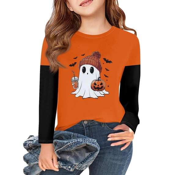 Abcomgle Halloween Shirts for Girls Size 6-8 Spooky Ghost Drinking Coffee T-Shirts for Girls Crewneck Long Sleeve Tee Shirts for Girls Fall Funny Cute Blouses for Girls